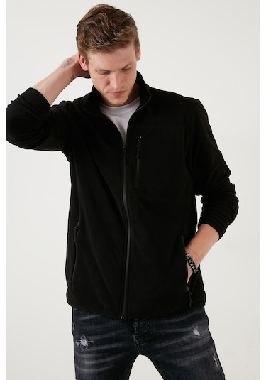 Buratti Slim Fit Fermuarlı Cepli Dik Yaka Polar Erkek Hırka 5906028 Siyah
