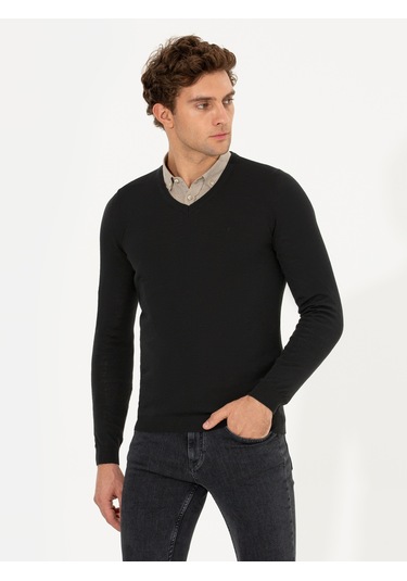Cacharel Siyah Slim Fit V Yaka Basic Triko Kazak