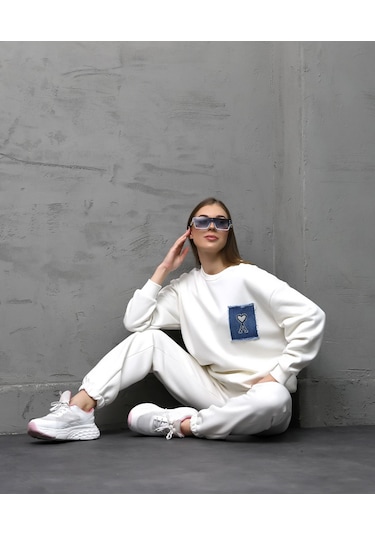 Calimera Kadın Sweatshirt 3 İplik Eşofman Takımı Oversize Beyaz
