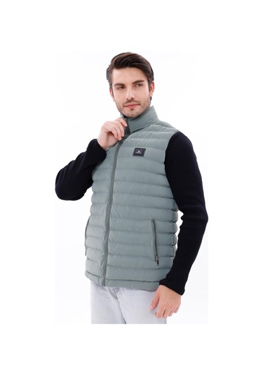 Erkek Nova Kumaş Şişme Yelek Hafif Dolgulu Fermuarlı Cepli Su İtici Rahat Kalıp Yeşil