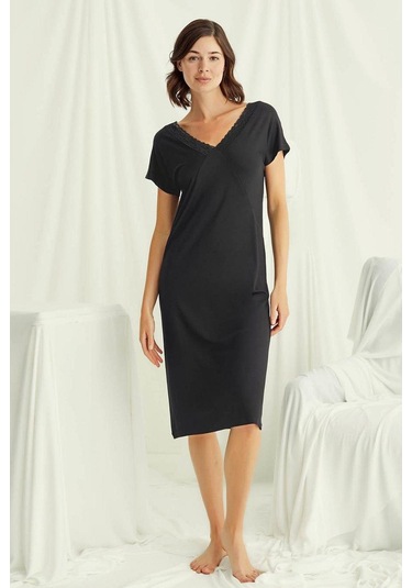 Monamise 18497 Kadın V Yaka Kısa Kollu Gecelik-siyah Siyah