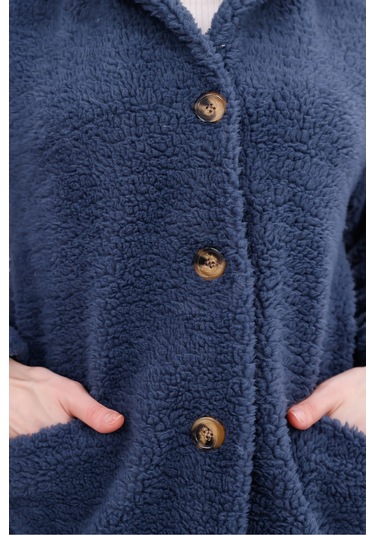 Düğmeli Cepli Kadın Peluş Kaban İndigo