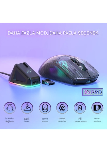 Attack Shark X2 Pro Kablosuz Şeffaf Gaming Mouse, Şarj İstasyonlu