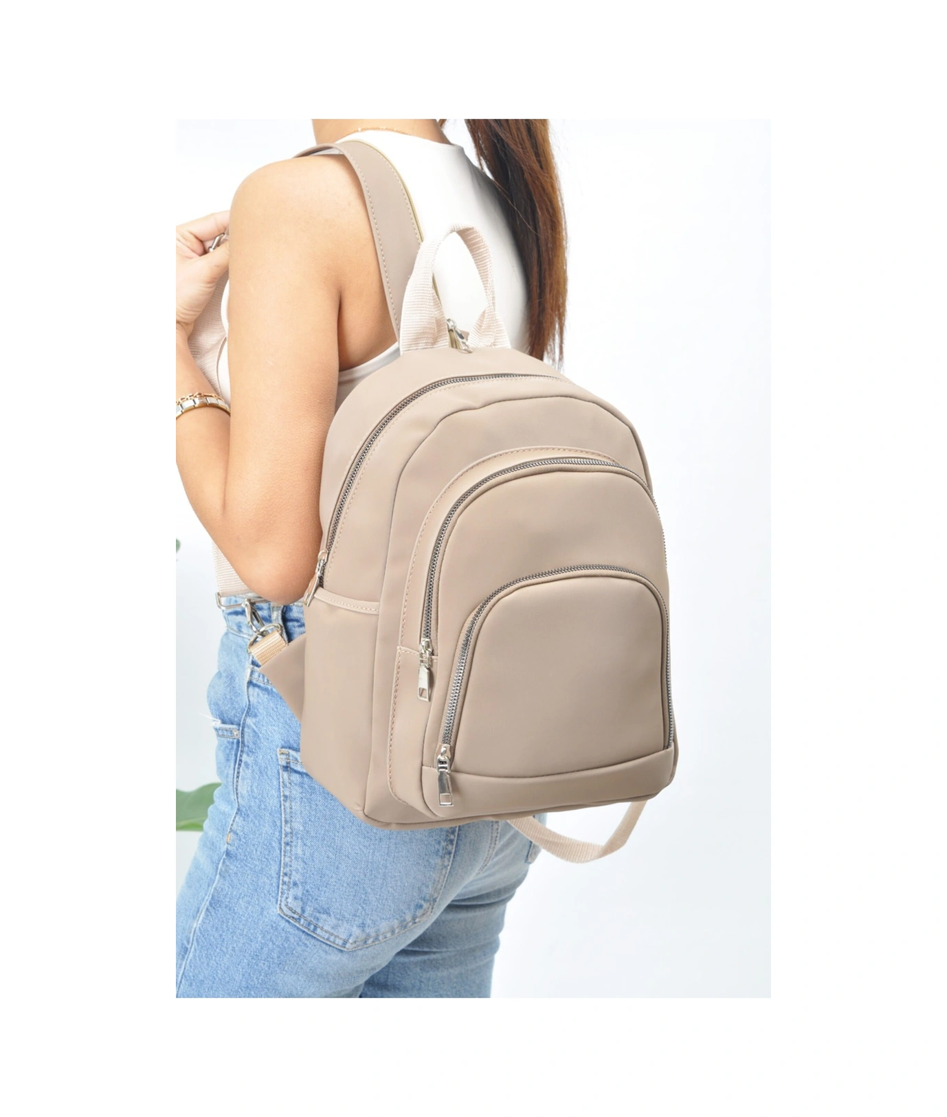 Tezzgelsin Unısex Su Geçirmez Saten Suni Deri Günlük Kullanım Sırt Çantası Vizon