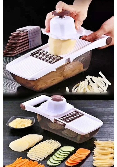 Rende Dilimleyici Hazneli 8 Bıçaklı Sebze Patates Rendeleme Mandolin Doğrayıcı Lüx Dicer Rende Seti