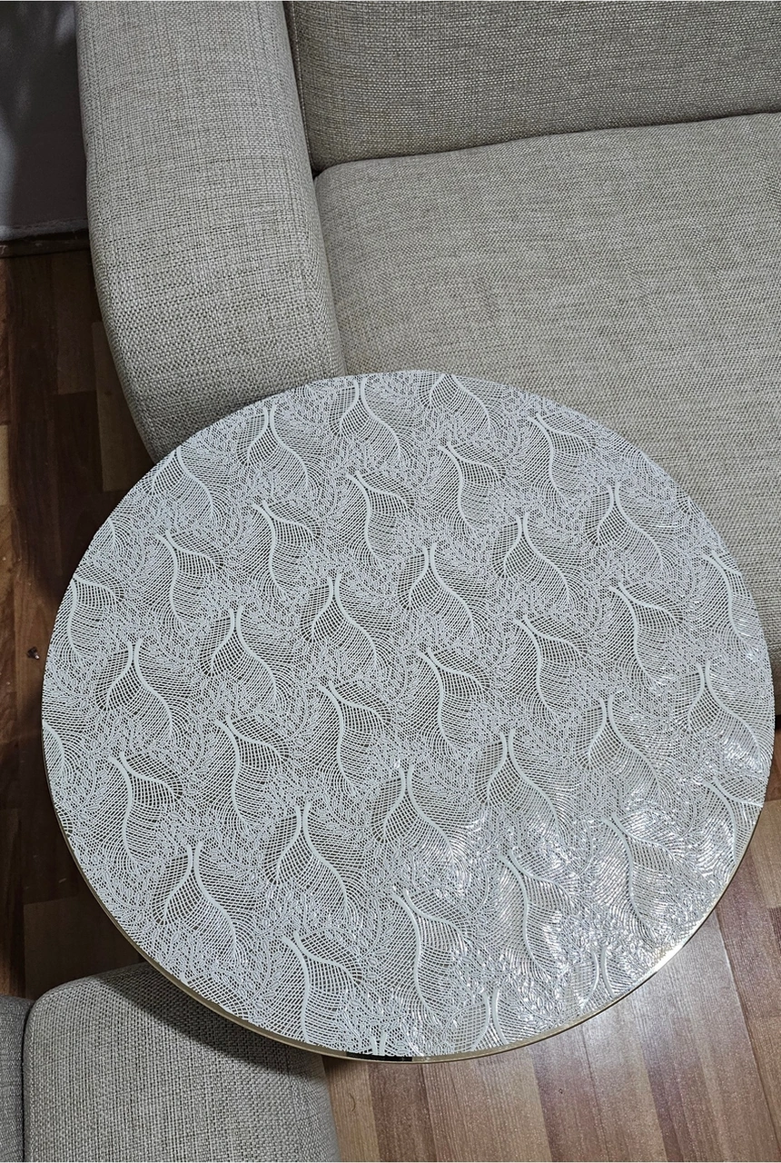 Rona Home Yuvarlak Orta Sehpa Masa Örtüsü Hasır Lüks Pvc Silinebilir, Çiçek Desenli, Şeffaf Bej Krem