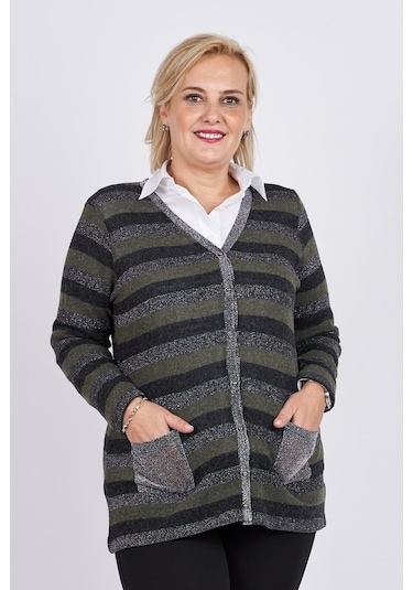 Flaş Triko Kadın Çizgili Hırka 3329107 Haki Haki