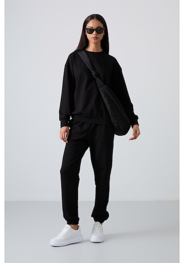 Tommy Life Siyah Basic Pamuklu O Yaka Oversize Lastik Paça Kadın Eşofman Takım - 95287 Siyah