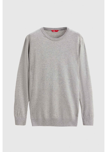 Regular Fit Gri Tüylenme Yapmayan Bisiklet Yaka Triko Kazak Gri