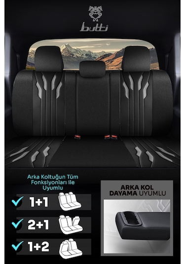 Siyah - Gri Garni Buttı Talos Serisi Premium Oto Koltuk Kılıfı Ortopedik Destekli, Ön Arka Tam Set, Aırbag Uyumlu
