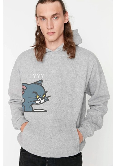 Sweatshirt Tom Ve Jerry Baskılı Kapşonlu Gri2