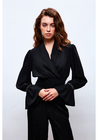 Sateen Kol Aksesuar Detaylı Bluz - Siyah-133703 Siyah