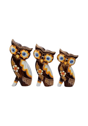 Ahşap Aborjin Üçlü Baykuş Dekoratif Biblo No.2 20 Cm