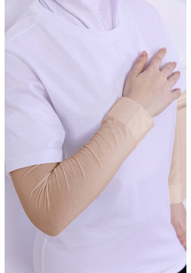 Likralı Penye Kolluk Ten Rengi - Pratik Kadın Tesettür Düz Namaz Kolluğu 1 Çift 40cm Viskon Hijab Ten