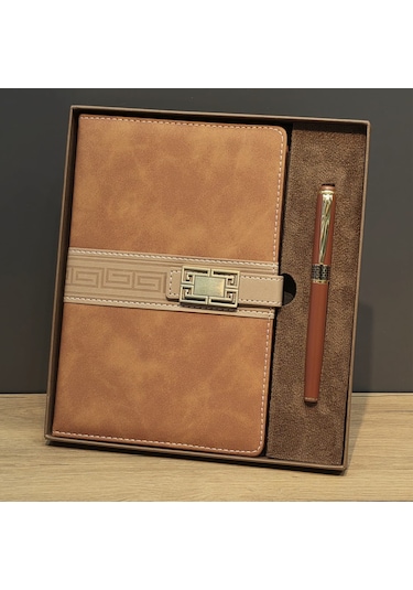 Taba Rengi Termo Deri Defter Ve Metal Roller Kalem Seti