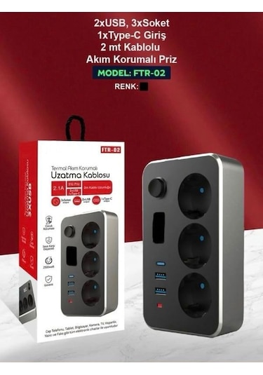 Elektrik Sigortalı Akım Korumalı 2-usb 1-pd Type-c 3'lü Priz 2 Me