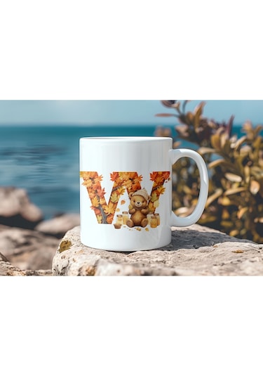 W Harf Sonbahar Yaprak Temalı Kupa Bardak - Sevimli Figürler İle Alfabe Harfli Bardak - Kişiye Özel Beyaz