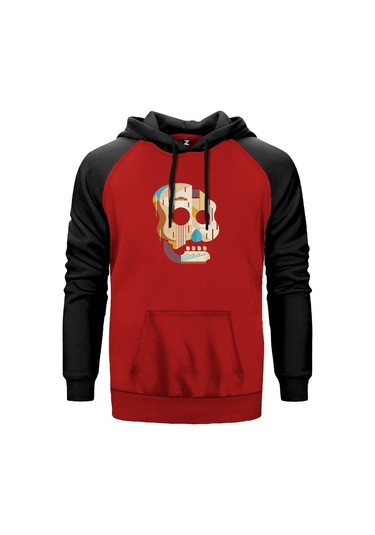 Guitar Skull Kırmızı Reglan Kol Kapşonlu Unisex Sweatshirt Kırmızı