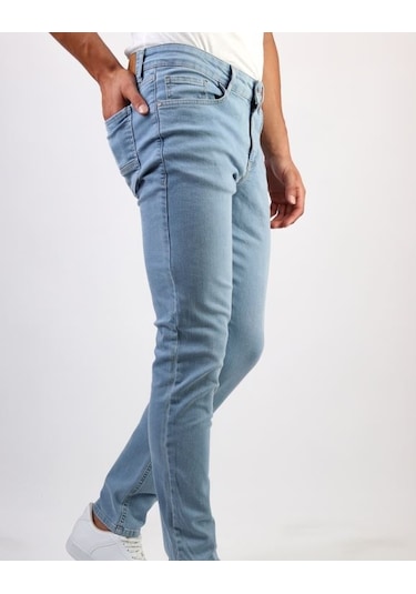 Erkek Taşlamalı Slim Fit Likralı Açık Mavi Kot Jean Pantolon Hlthe001956-A