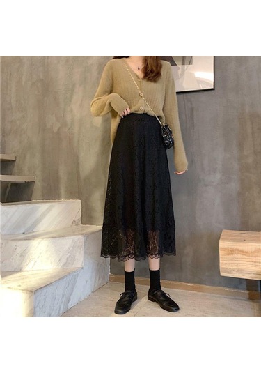 Sonbahar Ve Kış Yüksek Belli Dantel Etek Orta Boy Tüm Maç Düz Renk Çiçek Açık Mavi