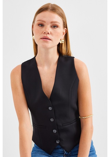 6796 Kısa Dokuma Yelek - Siyah