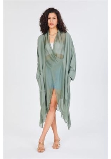 Italyan Ipek Detaylı Oversize Kaftan & Bluz-8711 Açık Haki