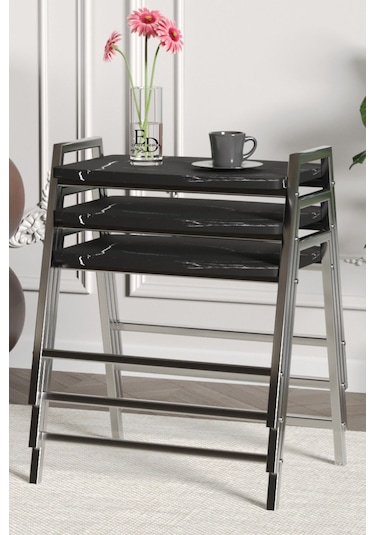 Zigon Sehpa , Aden 3'lü Tepsi Zigon Sehpa Takımı Gümüş Metal - Siyah Mermer Tabla Gümüş-siyah Mermer