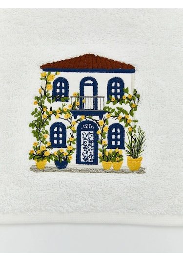 Ekru Ev Nakışlı Pamuklu Yüz Havlusu 50x80 Cm