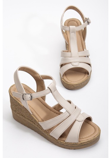 Kadın Dolgu Topuk Sandalet Ayakkabı Bej 3 Bantlı Baretli-3935 Bej