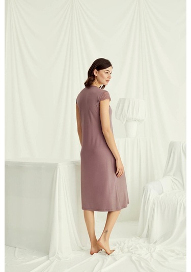 Monamise 18511 Kadın V Yaka Dantelli Düğmeli Kısa Kollu Gecelik-kahve Kahve