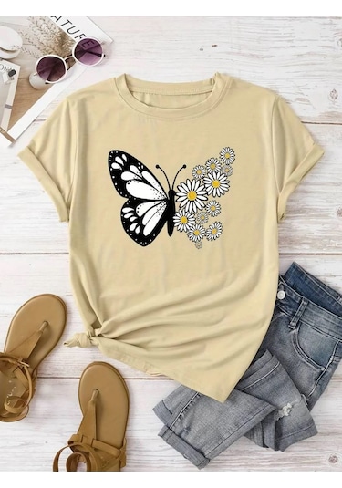 Kadın Pamuklu Ön Baskılı Papatya Kelebek Tasarım Tshirt Bej