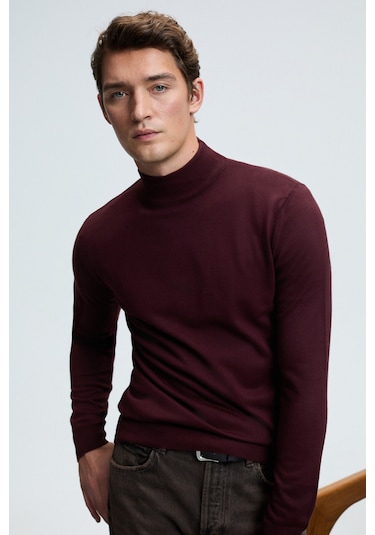REBEL Erkek Yarım Balıkçı Yaka Basic Slim Fit Triko Bordo Kazak