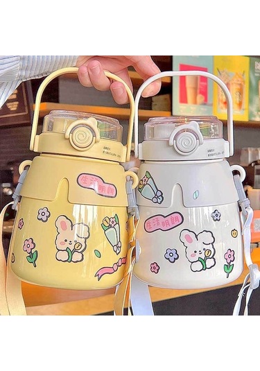 Dinosaurs 1l Sevimli Termos Paslanmaz Çelik Çift Içme Kabı Göbek Saman Su Şişesi-331 Altın