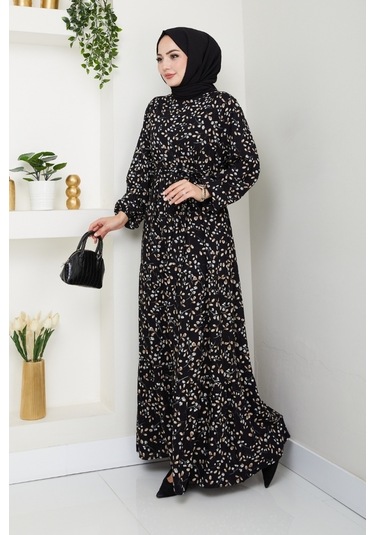 Semar Dokuma Viskon Elbise 1541 - Siyah Siyah
