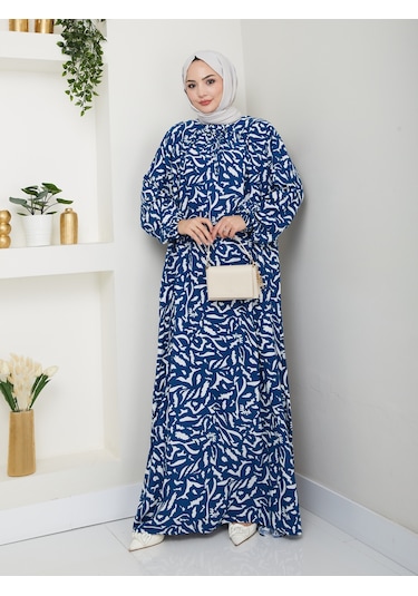 Desenli Önü Büzgülü Viskon Elbise - Mavi / E0131 Mavi