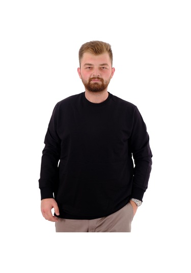 Mode Xl Büyük Beden Erkek Bisiklet Yaka Basic Sweatshirt U24174 Siyah Siyah