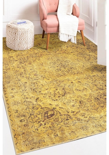 Blues Vintage Desenli Dokuma Taban Dekoratif Sarı Halı (Al 24)