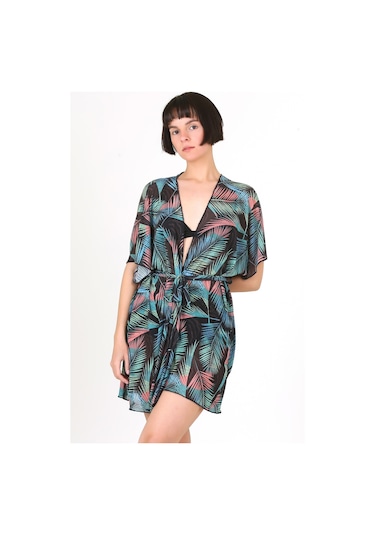Pareo Plaj Elbisesi Kimono Std Yazlık Oversize Tül Gömlek Kemerli Elbise Leaf Siyah