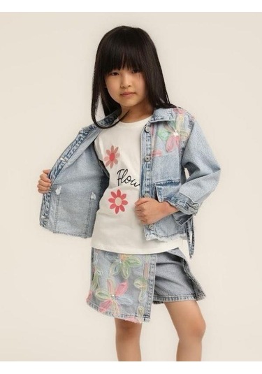 Kız Çocuk Çiçek Desenli Kot Ceket-15617 Mavi