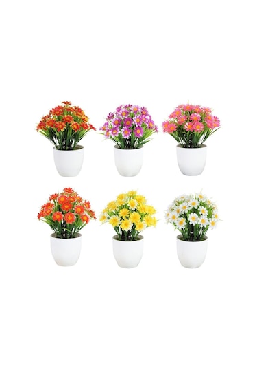 6lı Set Yapay Çiçek Papatya Beyaz Saksıda Karışık Renkler