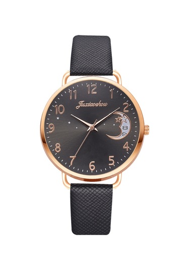 Yeni Bayanlara Özel Kuvars Saat Seti Pu Kayışlı Ay Desenli Kadranlı Takvimli Siyah Diğer