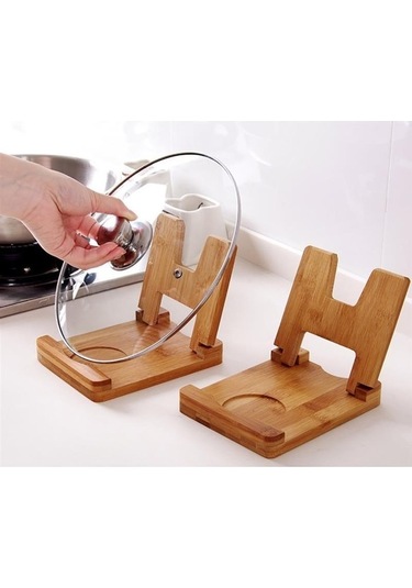 Pazly Çevre Dostu Bambu Pot Tutucu Kapak Tutucu, Mutfak Eşyası Rafı, Drenaj Tavası, Bambu Malzeme, 17x13.5x14cm, Yeni Model Doğal