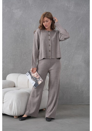 Kadın Bisiklet Yaka Düğme Kapama Kaşkorse Ceket Pantolon İkili Triko Takım K.vizon