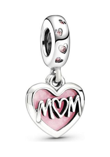 Nur Silver Mom Yazılı Pembe Mineli Kalp Gümüş Charm Nur-bl00193