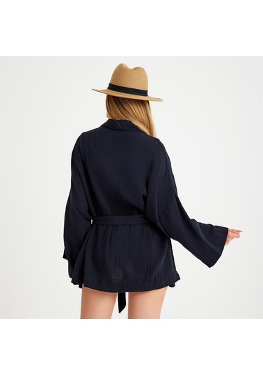 Pamuklu Dokuma Beli Kuşaklı Mini Kadın Kimono Kaftan - Standart Siyah
