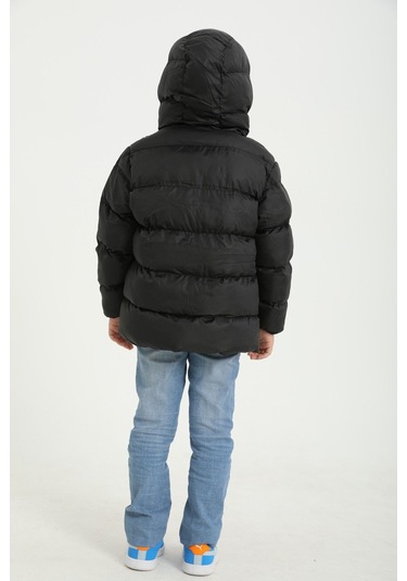 Erkek Çocuk Siyah İçi Polarlı Kapüşonlu Su Geçirmez Rüzgara Dayanıklı Cepli Şişme Kışlık Mont Siyah