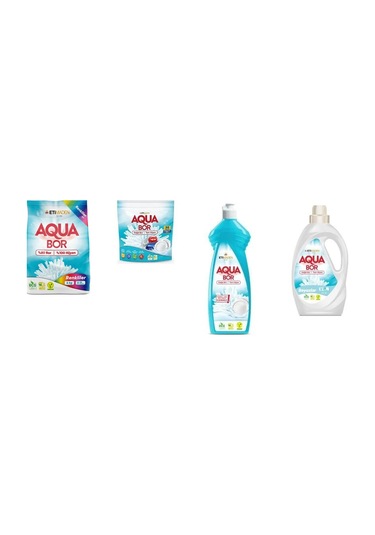 Aquabor Doğal Mineralli 4 Kg Renkliler + Tablet + Elde Bulaşık + Sıvı Beyaz 4 Lü Set