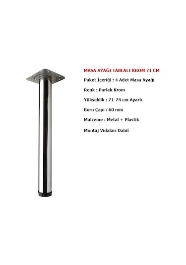 4 Adet Masa Ayağı 71 cm Ayarlı Krom Mobilya Ayak Çap : 60 mm