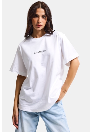Itsbasic Kadın Beyaz S6-127 Oversize Glamour Baskılı %100 Koton T-shirt