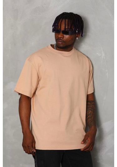 Unisex Oversize Düz Bisiklet Yaka T-shirt - Bej Bej